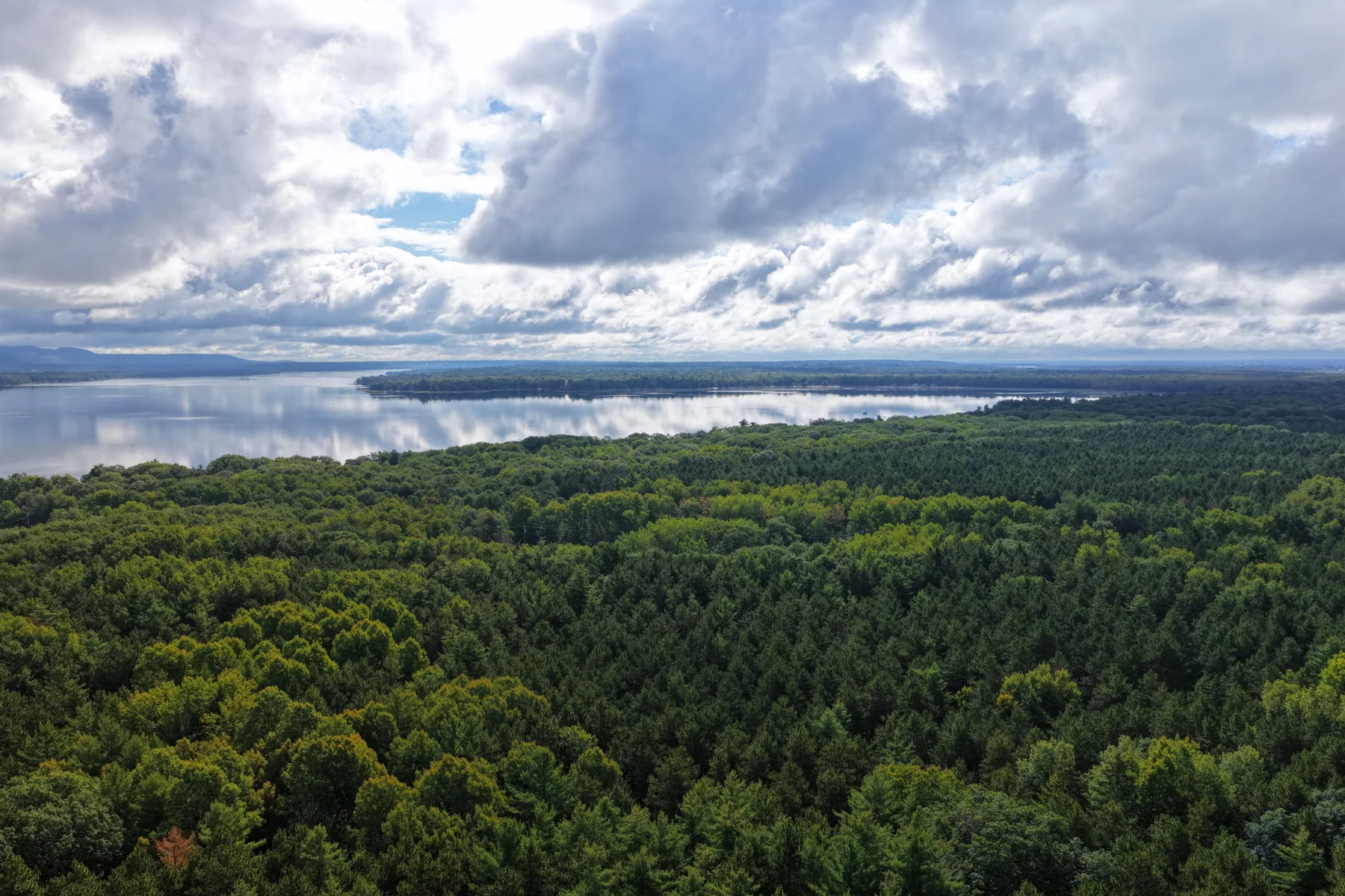 Aerial landscape of a river, woodland and a cloud-filled sky.