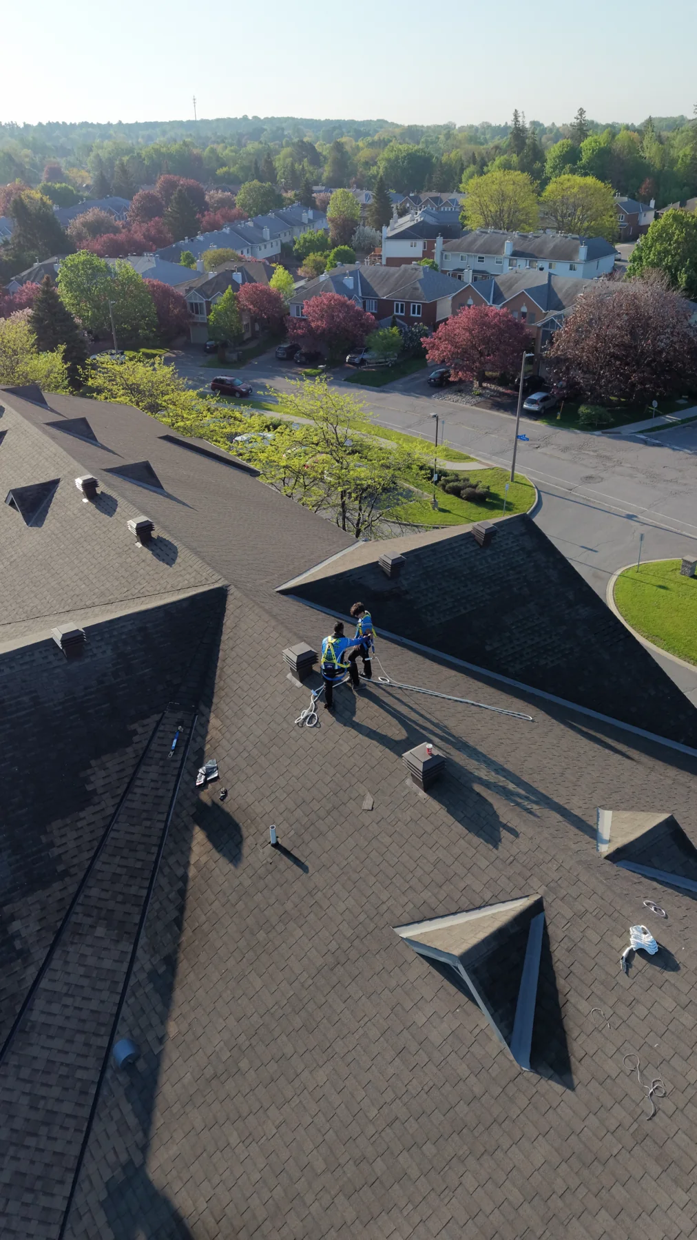Aerial view of rooftop work and the surrounding residential neighbourhood.
